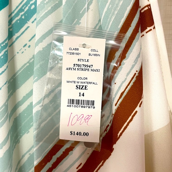 NWT White House Black Market White Teal Asymmetrical Stripe Maxi Dress Sz 14 - Picture 6 of 7